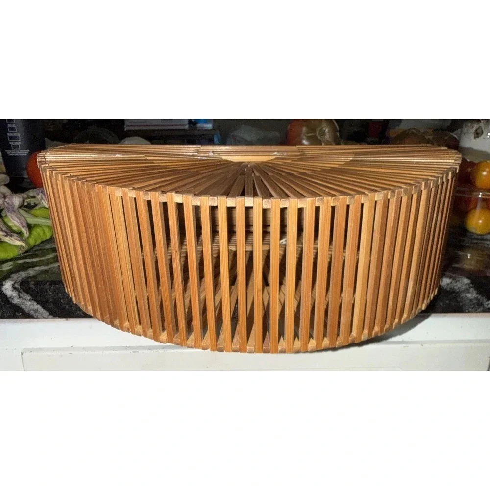 Vintage Boho 1960's 1970's Half Moon Wood Woven Hippie Core Clutch Handbag